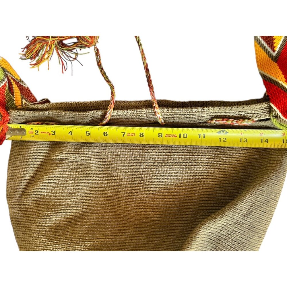 Handwoven Wayuu Mochila Tote Bag With Zigzag Strap & Tassels Colombian Kacki Grn - Picture 11 of 12
